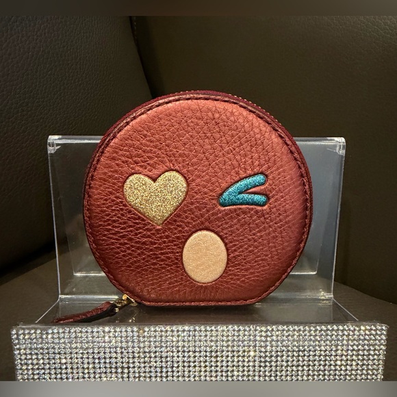 Coach Handbags - COACH Coin Purse Round Emoji Heart Glitter Bling Bordeaux Zip Wallet